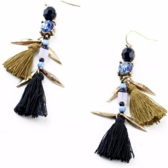 NEW Boutique Earrings Tassel Statement Drop Dangle Fringe Navy Gold Boho Gift - Picture 1 of 4